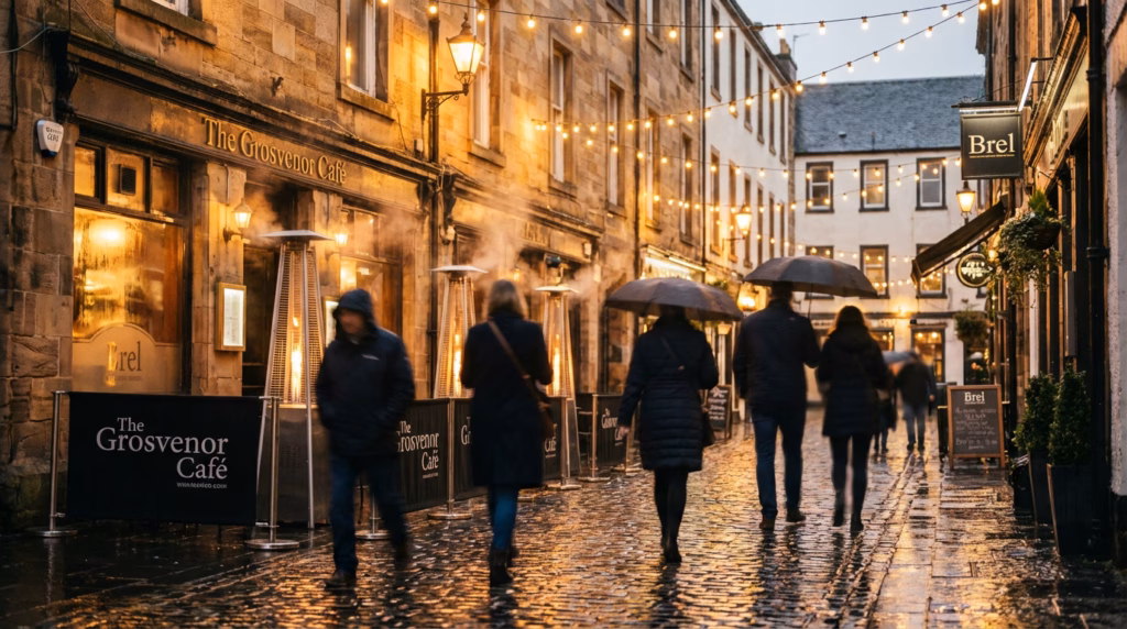 Combien de temps pour visiter Glasgow : durée idéale et itinéraires selon votre rythme 1 gemini image 2 golden evening view of Ashton Lane in Glasgows West End wet cobblestone alley 0